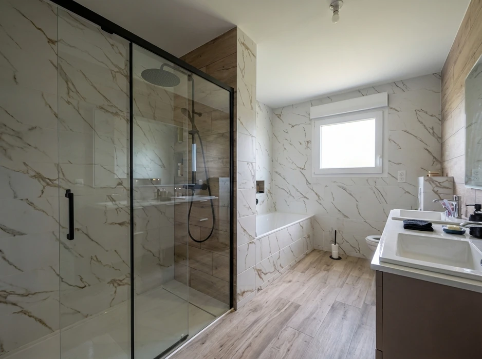 Salle de bain moderne avec douche à l'italienne, paroi en verre trempé à profilés noirs, robinetterie noire mate avec douchette et pommeau de pluie encastré