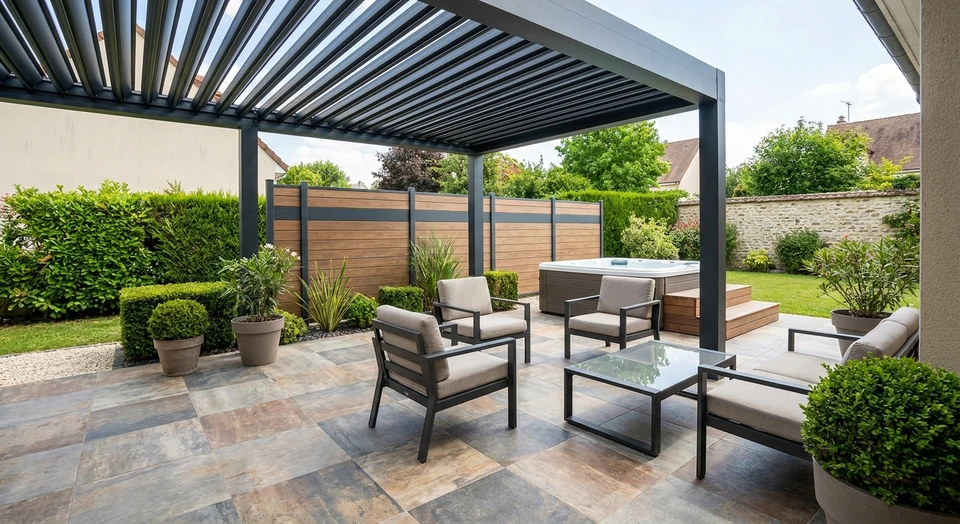 Photographie réaliste d'une terrasse aménagée de manière professionnelle, présentant une pergola bioclimatique moderne intégrée au-dessus d'une zone de détente en carrelage de qualité, avec clôture contemporaine visible en arrière-plan, et un spa ou jacuzzi discrets dans le coin, l'ensemble formant un projet cohérent d'aménagement extérieur complet et harmonieux.