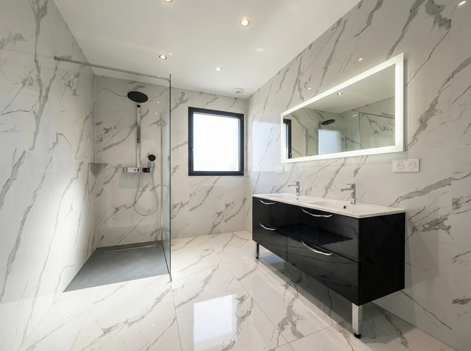 Salle de bain moderne avec douche à l'italienne, paroi en verre fixe, colonne de douche thermostatique avec pommeau rond noir