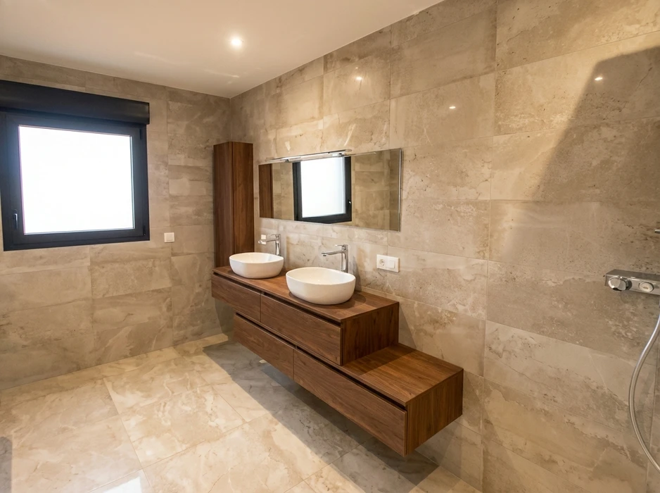 Salle de bains moderne avec double vasque à poser en céramique blanche sur meuble suspendu en noyer massif avec tiroirs