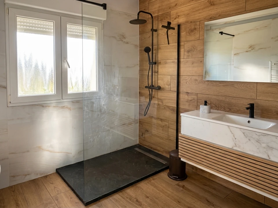 Salle de bain moderne minimaliste avec vasque rectangulaire blanche intégrée au plan de toilette