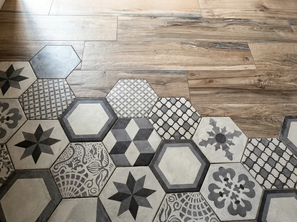 Intérieur d'un showroom ou magasin de matériaux, présentation d'échantillons de revêtements muraux ou sols disposés en éventail