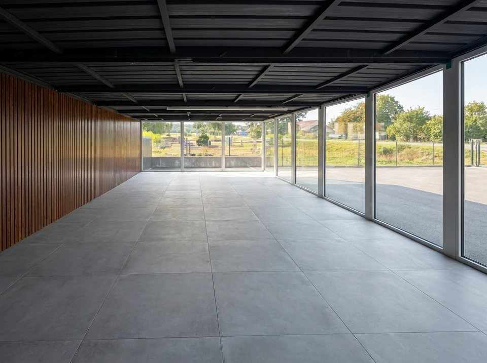 Terrasse extérieure récemment posée, carrelage grès cérame imitation bois, format grand dalle 120x60 cm, ton chêne clair