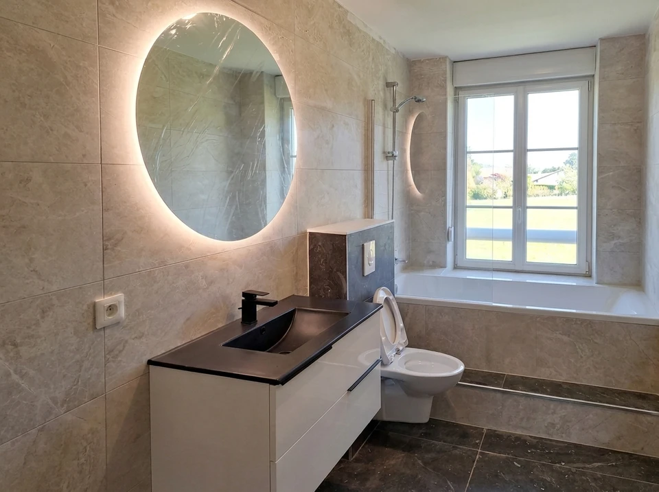 Salle de bain design industriel avec vasque à poser rectangulaire noire en pierre/béton, robinetterie dorée laiton brossé, sur plan de travail en chêne massif live-edge