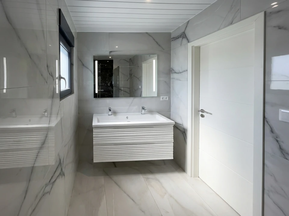 Salle de bain design industriel avec vasque à poser rectangulaire noire en pierre/béton, robinetterie dorée laiton brossé, sur plan de travail en chêne massif live-edge