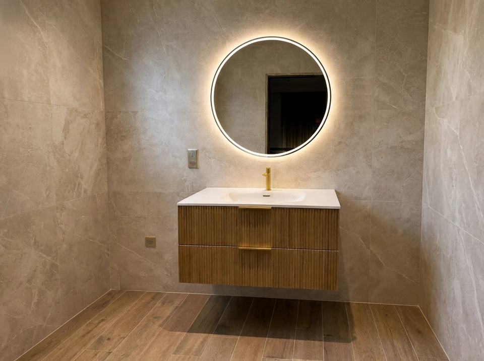 Salle de bain moderne avec douche à l'italienne, paroi en verre trempé, receveur en pierre noire