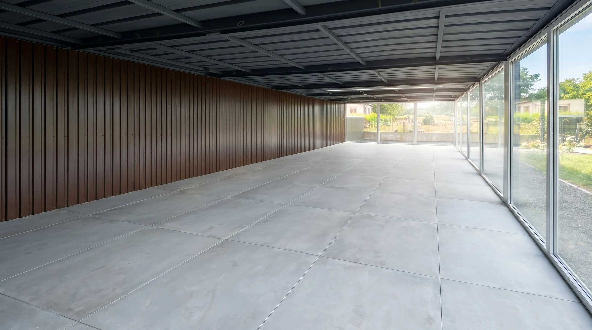 Terrasse extérieure résidentielle avec table en bois et chaises modernes sur dallage béton