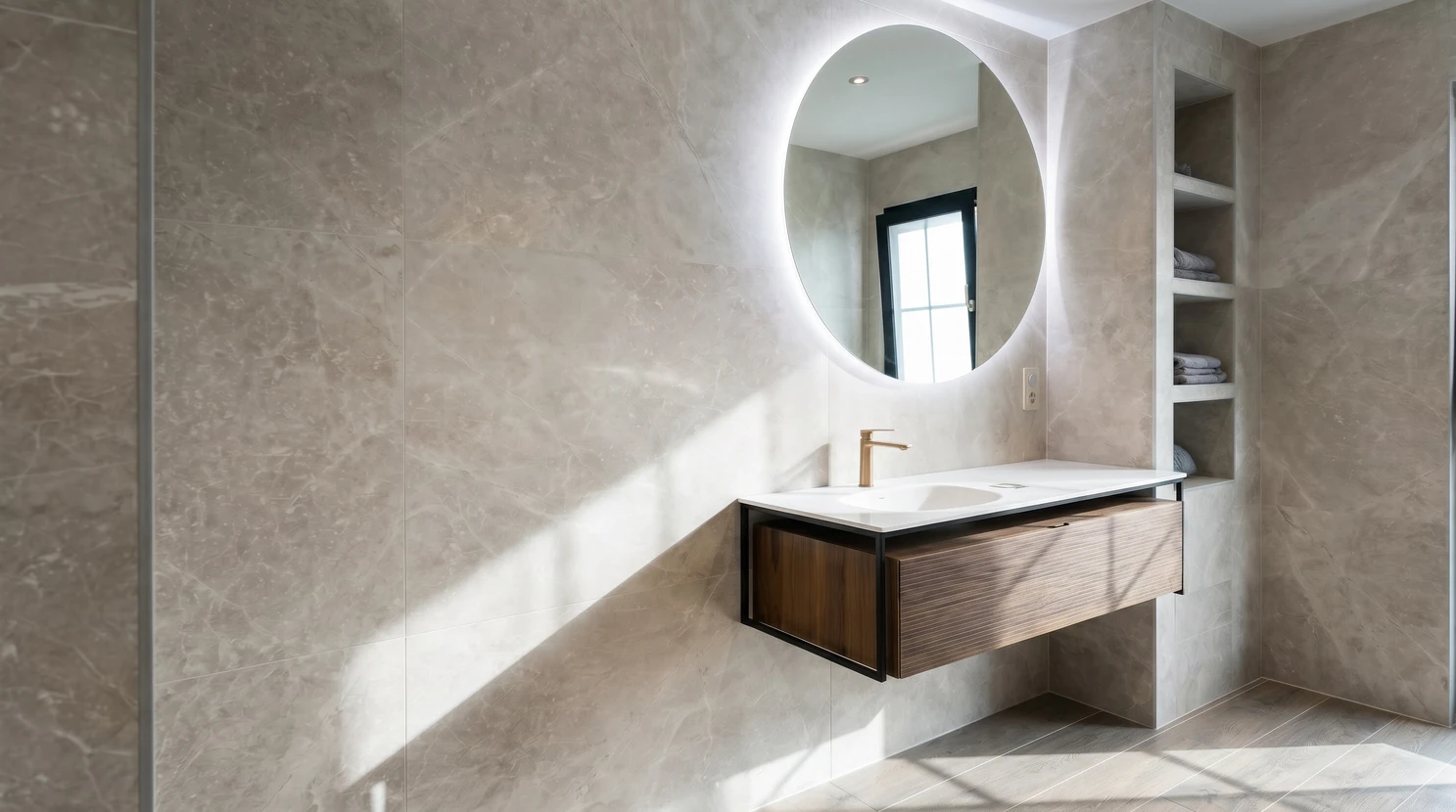 Salle de bain moderne spacieuse avec douche &agrave; l'italienne et baignoire encastr&eacute;e